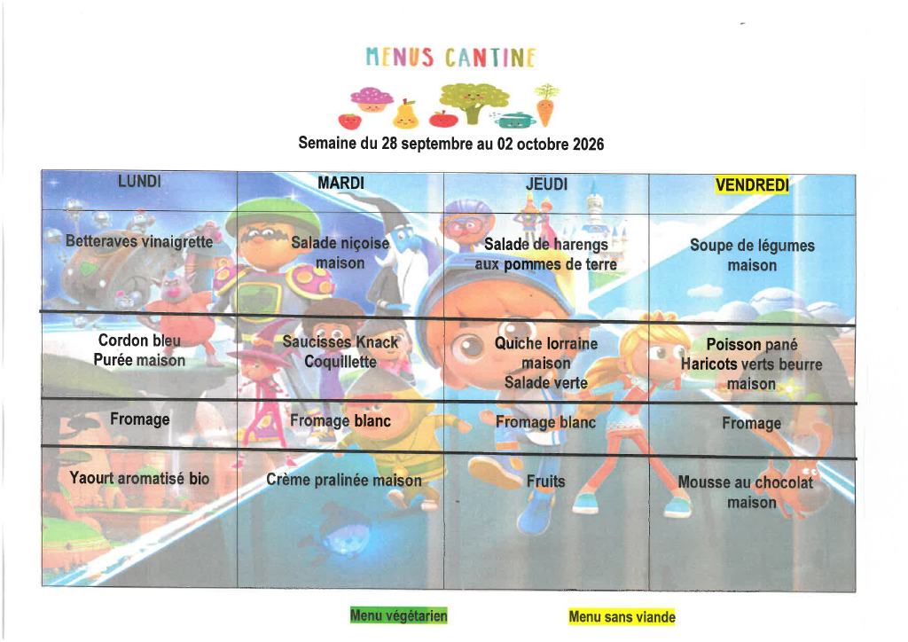 Cantine du 28 septembre au 02 octobre 2026